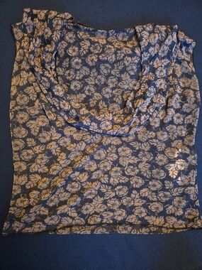 Jean Colonna France Sheer Mesh Floral Cowl Neck Crop Top Size S Blue Beige Y2K
